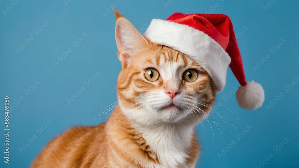Adorable ginger cat in Santa hat on blue background, perfect for Christmas or holiday themes Adorable ginger cat in Santa hat on blue background, perfect for Christmas or holiday themes