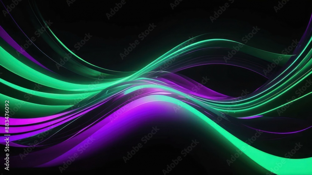 Naklejka premium Futuristic green and purple light waves on a dark background, perfect for tech themes