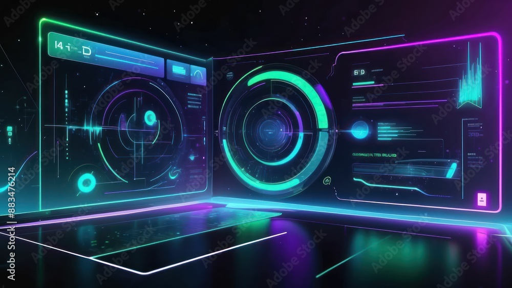 Futuristic HUD interface background with holographic graphics and data visualization screens Futuristic HUD interface background with holographic graphics and data visualization screens