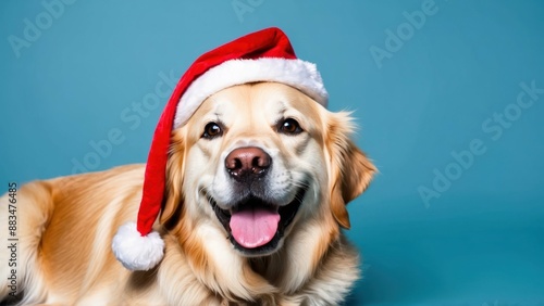 Cute Golden Retriever wearing a Christmas hat with a blue background, smiling happily