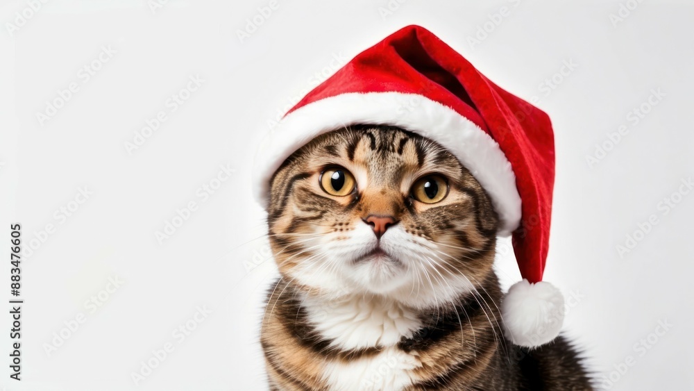 Tabby cat in a Santa hat on a white background, perfect for holiday greetings or festive decor Tabby cat in a Santa hat on a white background, perfect for holiday greetings or festive decor