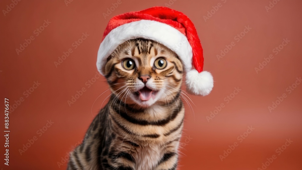 Bengal cat with a Santa hat on an orange background, perfect for Christmas themed designs Bengal cat with a Santa hat on an orange background, perfect for Christmas themed designs