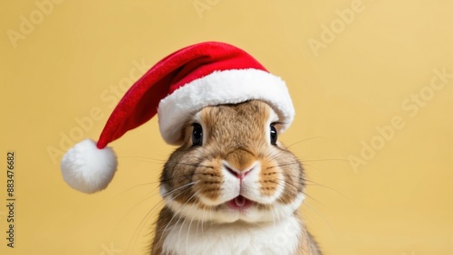 Adorable bunny in Santa hat on yellow background, perfect for Christmas and holiday themes