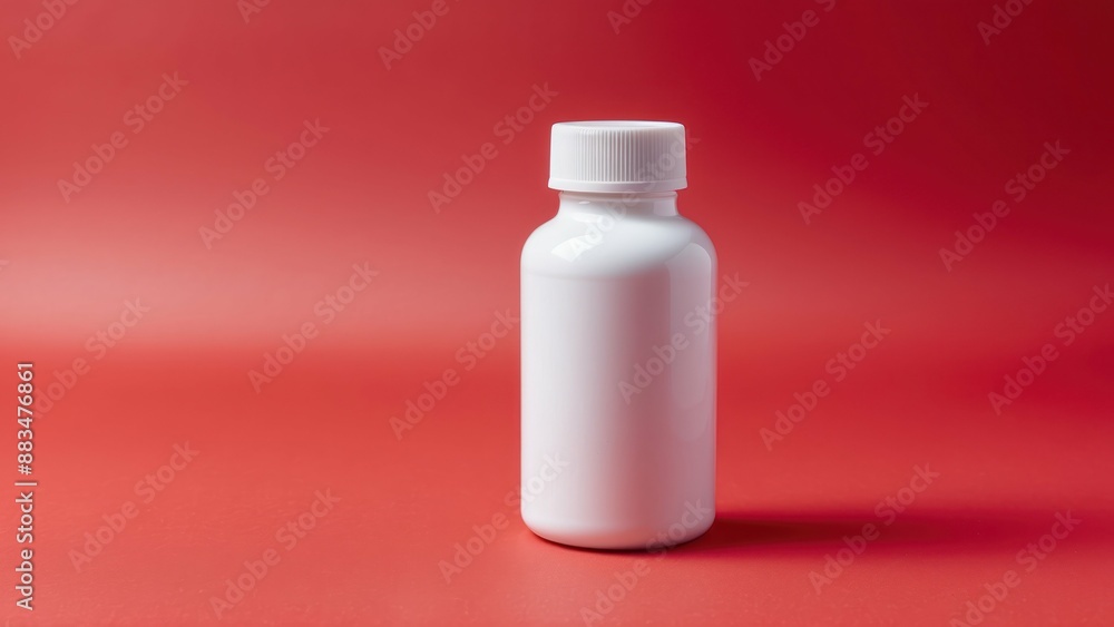 Plain white medicine bottle on a red background, ideal for health and medical themes Plain white medicine bottle on a red background, ideal for health and medical themes