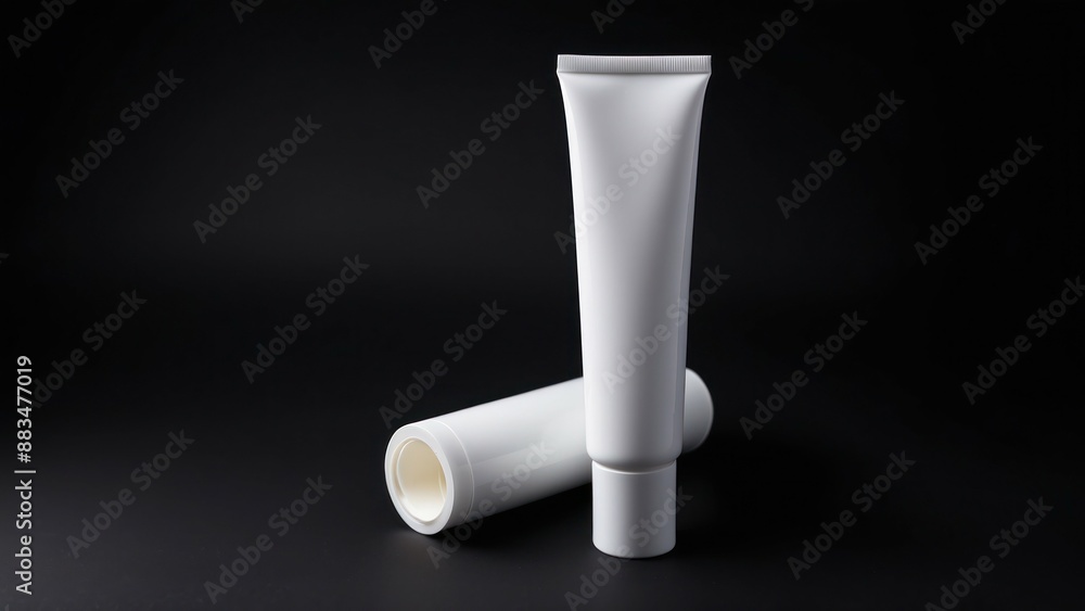Plain white cosmetic tube on a black background, perfect for minimalist product designs Plain white cosmetic tube on a black background, perfect for minimalist product designs