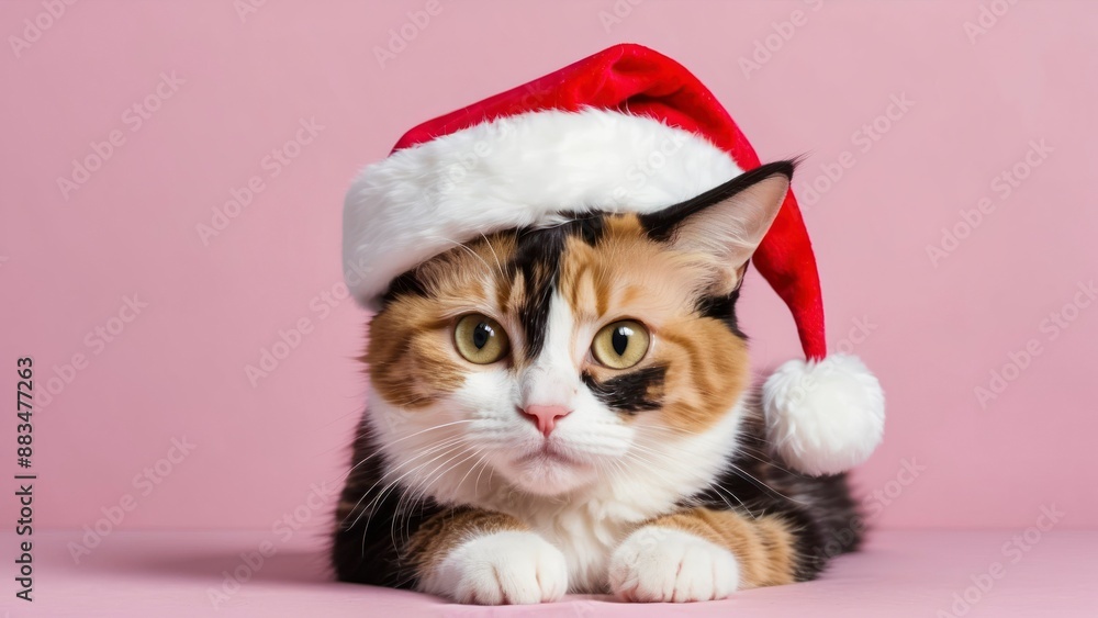 A festive calico cat wearing a Santa hat against a pink background, perfect for holiday themes A festive calico cat wearing a Santa hat against a pink background, perfect for holiday themes