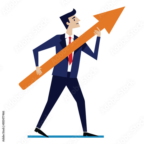 Businessman holding big arrow on shoulder, success-driven focused motivated goal-oriented