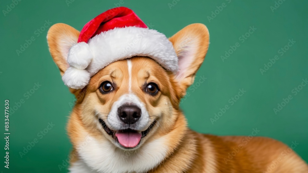 Adorable corgi wearing a Santa hat on a green background, perfect for festive holiday themes Adorable corgi wearing a Santa hat on a green background, perfect for festive holiday themes