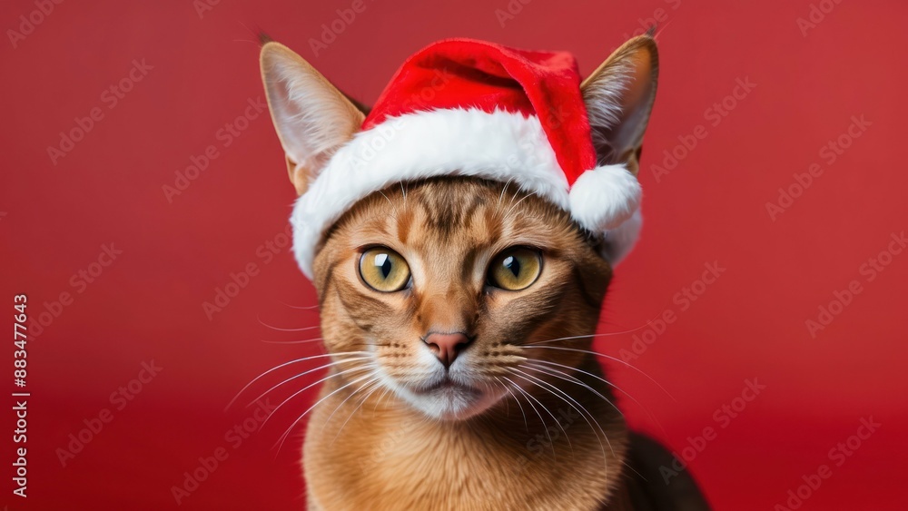 Abyssinian cat in Santa hat with red background, perfect for holiday and Christmas themes Abyssinian cat in Santa hat with red background, perfect for holiday and Christmas themes