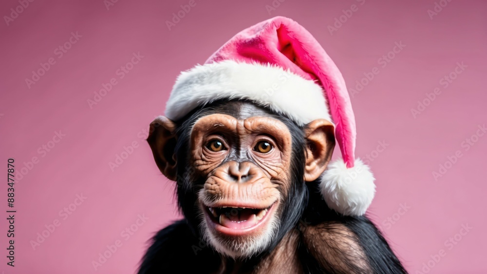 Chimpanzee on pink background with Santa hat, perfect for festive holiday and cheerful uses Chimpanzee on pink background with Santa hat, perfect for festive holiday and cheerful uses