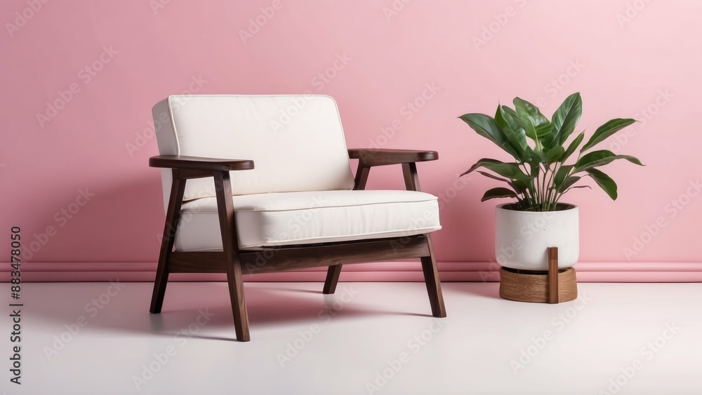 Minimalist wooden armchair with a potted plant against a pink background Minimalist wooden armchair with a potted plant against a pink background
