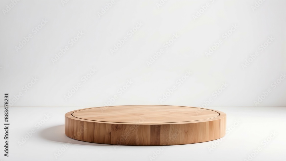 Wooden circular podium on a white background in a minimalist and elegant style Wooden circular podium on a white background in a minimalist and elegant style