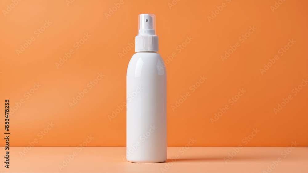 White cosmetic spray bottle on an orange background, perfect for branding or advertising White cosmetic spray bottle on an orange background, perfect for branding or advertising