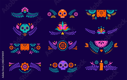 Mexican decorative frames and borders, colorful vector collection. Flowers, paper garlands, skulls corners, borders, frames