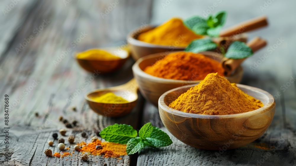Arrangement various spices wooden bowls rustic wooden turmeric mint curry flavors cooking Arrangement various spices wooden bowls rustic wooden turmeric mint curry flavors cooking