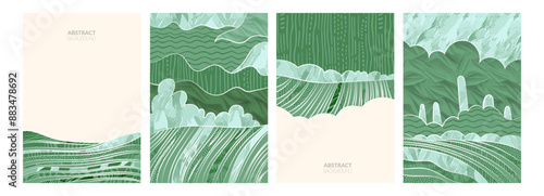 Emerald field rice, wheat, tea terraces. Green rural landscape, abstract collage, nature view. Vintage art, modern design. Flat vector illustration on rough paper. Farm, forest, mountain background