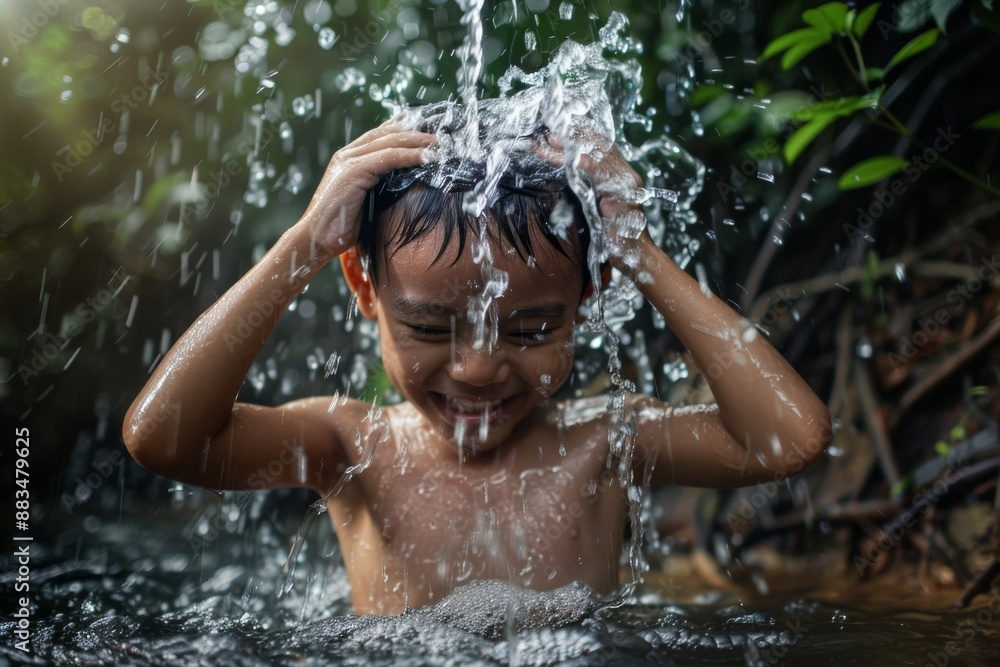 Obraz premium High-quality image of a man leisurely walking through the parted waves in the water. Beautiful simple AI generated image in 4K, unique.