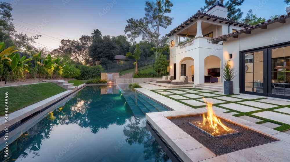 Fototapeta premium The back garden of a Mediterranean-style home with a geometric lap pool and sunken fire pit area, ideal for evening gatherings