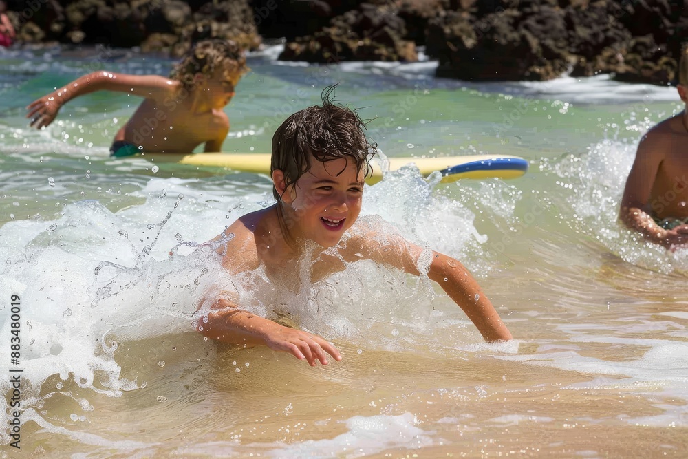 Joyful children splashing in a crystal-clear lake, with their parents cheering from a nearby picnic blanket.. Beautiful simple AI generated image in 4K, unique. Joyful children splashing in a crystal-clear lake, with their parents cheering from a nearby picnic blanket.. Beautiful simple AI generated image in 4K, unique.