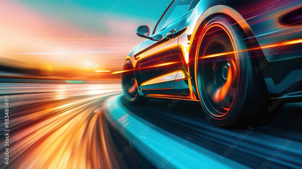 futuristic car on a long highway, speeding blur, Liquid color spill futuristic car on a long highway, speeding blur, Liquid color spill