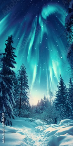 A beautiful blue sky with aurora lights in the background. The sky is filled with stars and the aurora lights are shining brightly. The scene is peaceful and serene, with a sense of wonder and awe © Andrii Zastrozhnov