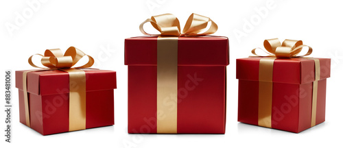 Christmas presents wrapped in red wrapping paper with gold bow, lined up, in row, shiny gold and deep dark red, festive gift boxes
 photo