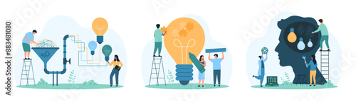 Process of idea creation and development, support in solving problem set. Tiny people work with funnel, collect puzzle pieces into light bulb, unravel wire of hanging lamps cartoon vector illustration