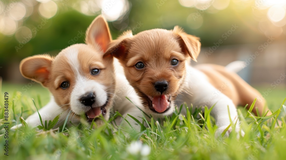 Two cute brown and white puppies resting on the green grass, their happy expressions capturing a moment of joy, love, and the simple pleasures of companionship. Two cute brown and white puppies resting on the green grass, their happy expressions capturing a moment of joy, love, and the simple pleasures of companionship.