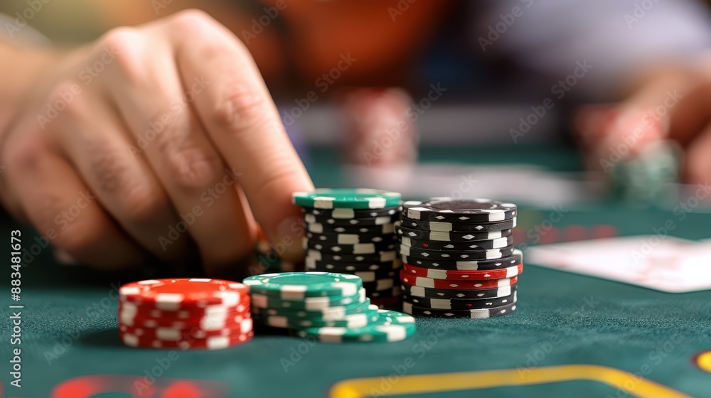 A close-up of a person organizing a stack of poker chips on a green poker table, capturing the essence of a high-stakes poker game environment with multiple chip colors visible. A close-up of a person organizing a stack of poker chips on a green poker table, capturing the essence of a high-stakes poker game environment with multiple chip colors visible.