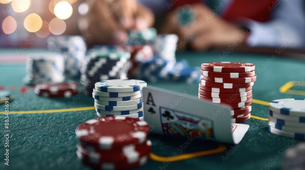 A dynamic poker table scene capturing visible cards including an ace of spades and a king, surrounded by a variety of poker chips in different colors, representing a high-stakes game environment.