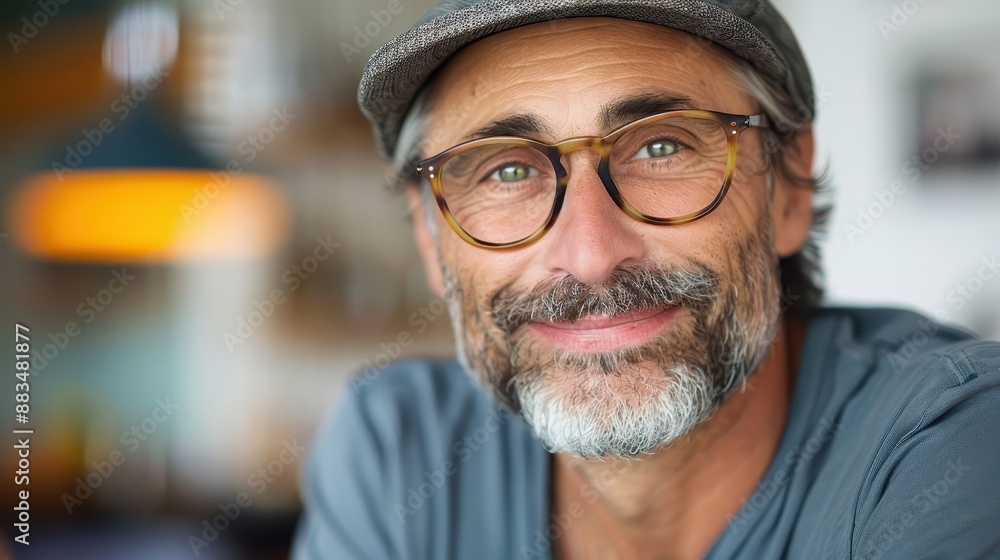 A man with glasses and a flat cap smiles warmly at the camera in an indoor setting, exuding friendliness and approachability with a hint of modern style and sophistication. A man with glasses and a flat cap smiles warmly at the camera in an indoor setting, exuding friendliness and approachability with a hint of modern style and sophistication.