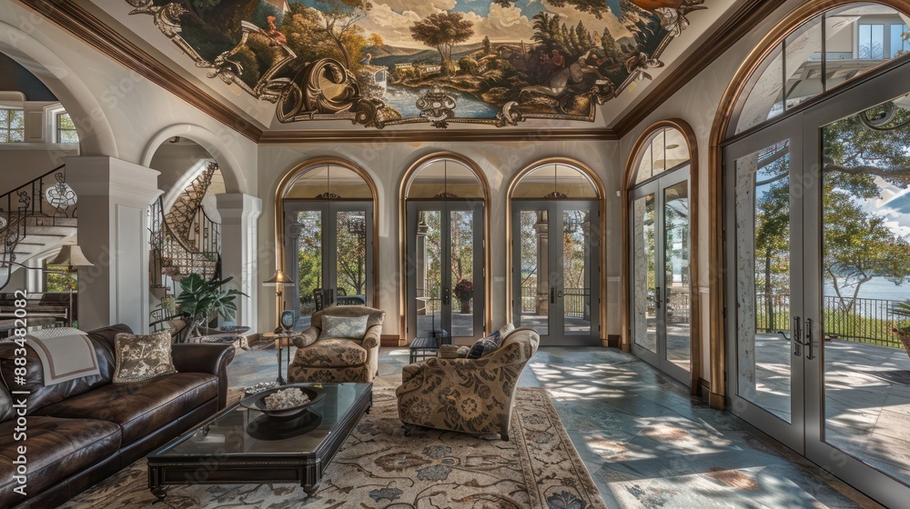 The main living room of a Mediterranean home, with arched doorways leading to a veranda and a ceiling fresco of a Mediterranean landscape The main living room of a Mediterranean home, with arched doorways leading to a veranda and a ceiling fresco of a Mediterranean landscape