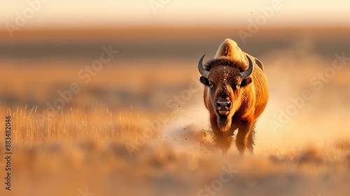 A bison runs across the golden plains, creating dust trails as it moves with vigor and determination, set against a sunset backdrop creating a dynamic scene.