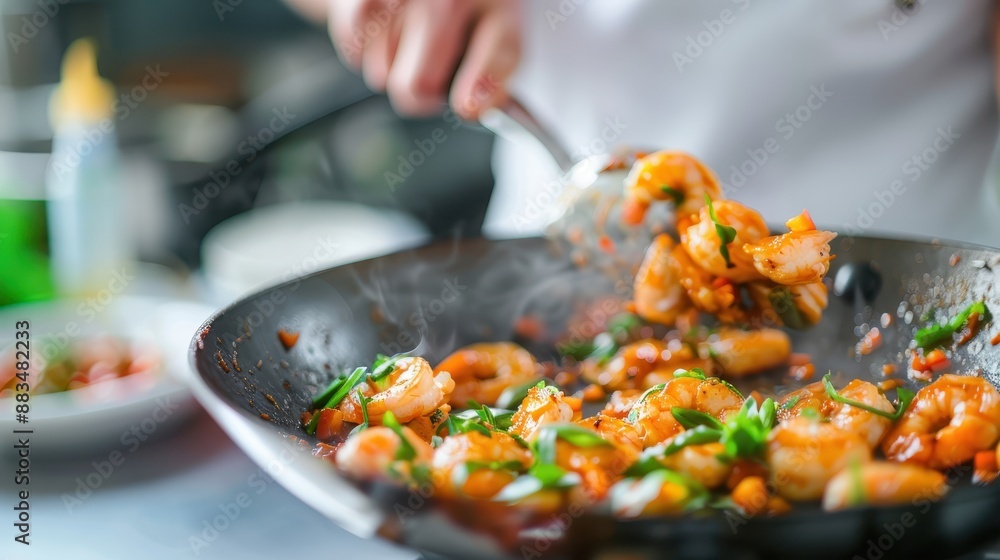 A chef expertly tosses shrimp in a frying pan, sizzling and releasing steam, showcasing the process of preparing a gourmet seafood dish with vibrant ingredients in a kitchen. A chef expertly tosses shrimp in a frying pan, sizzling and releasing steam, showcasing the process of preparing a gourmet seafood dish with vibrant ingredients in a kitchen.