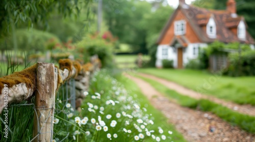 A picturesque cottage in the countryside surrounded by greenery and wildflowers, captured on a sunny day. A welcoming gravel path leads to the rustic home.