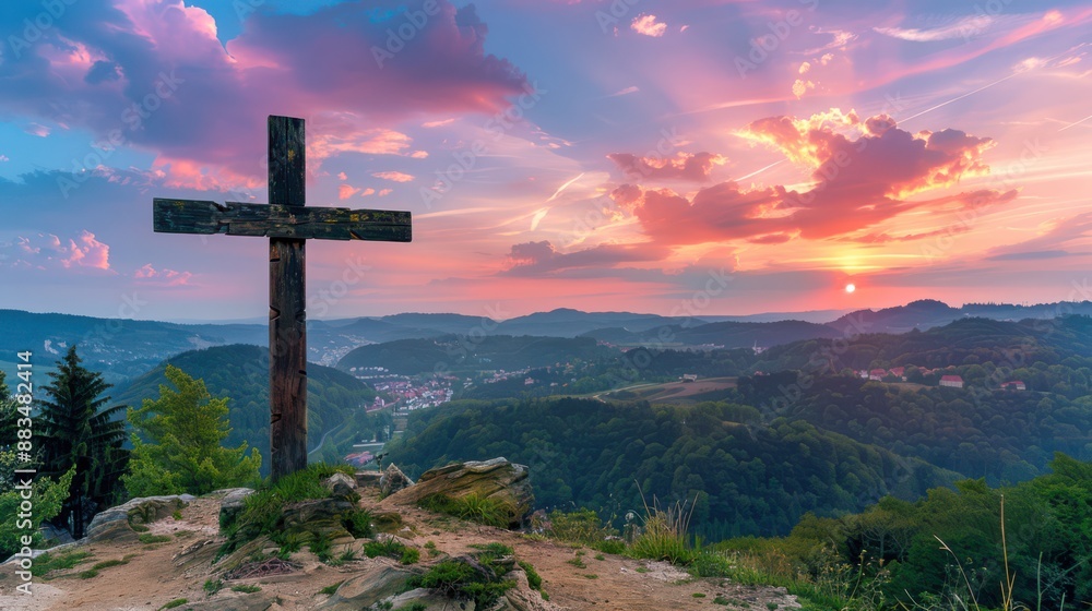 A large wooden cross standing on a hill at sunset, with a beautiful landscape view in the background. Perfect for content about spirituality, faith, and hope. A large wooden cross standing on a hill at sunset, with a beautiful landscape view in the background. Perfect for content about spirituality, faith, and hope.