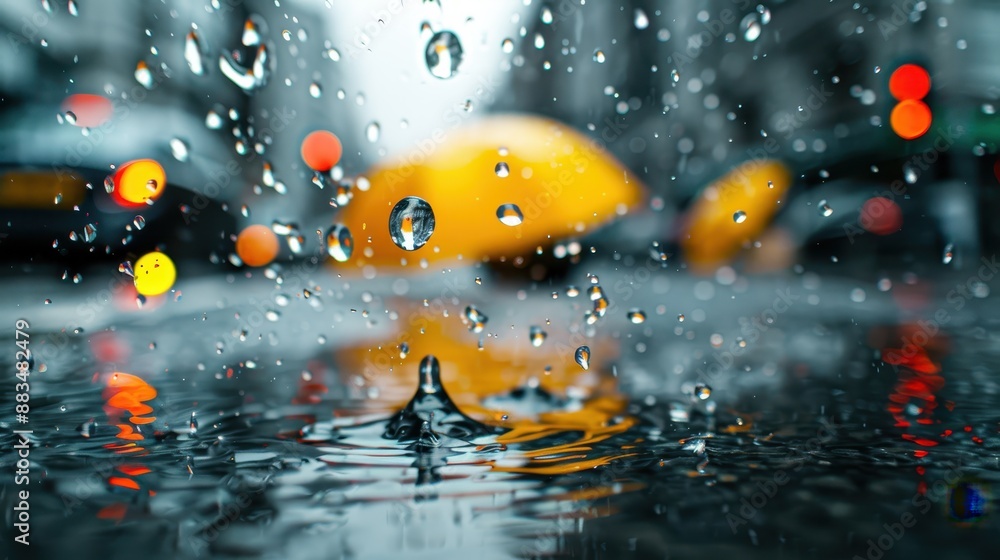 A distant view of an orange umbrella standing out in the rain with a blurry urban street and traffic lights, encapsulating a moment of solitude in a bustling city. A distant view of an orange umbrella standing out in the rain with a blurry urban street and traffic lights, encapsulating a moment of solitude in a bustling city.