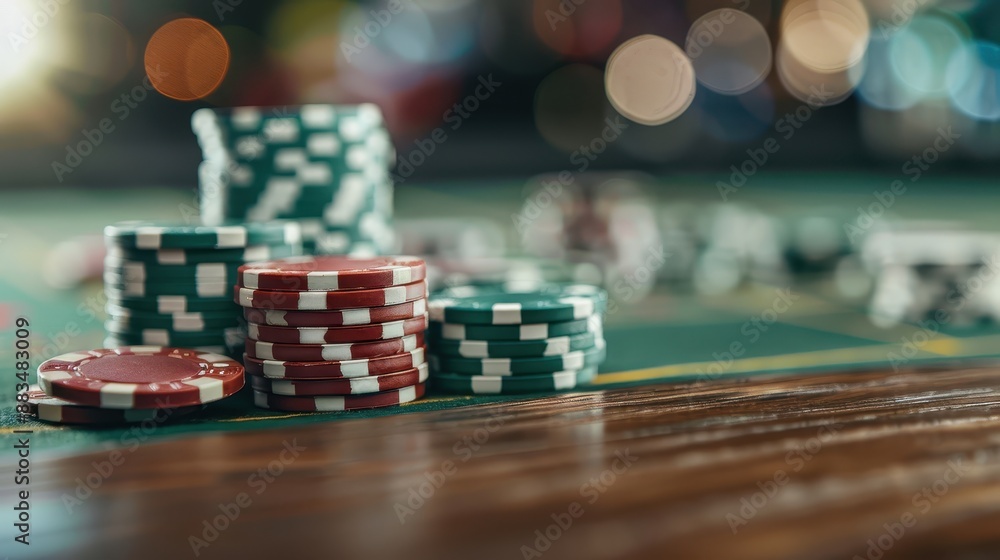 Stacks of poker chips in various colors neatly arranged on a green felt casino table, representative of gambling culture and the excitement of gaming, staged for a high-stakes game. Stacks of poker chips in various colors neatly arranged on a green felt casino table, representative of gambling culture and the excitement of gaming, staged for a high-stakes game.