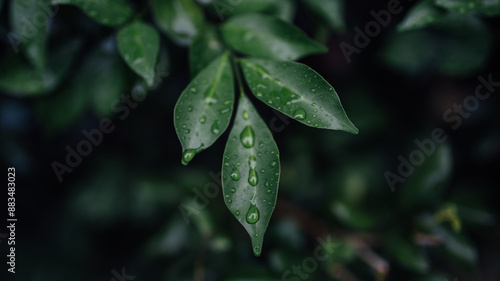 Close-up of water drop on green nature leaf landscape with copy spaces using as background and wallpapers, Nature green view of a leaf on greenery background in the garden.