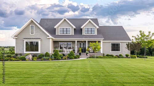 charming suburban farmhouse with a light grey exterior, featuring a beautiful, sprawling front lawn © Abdul