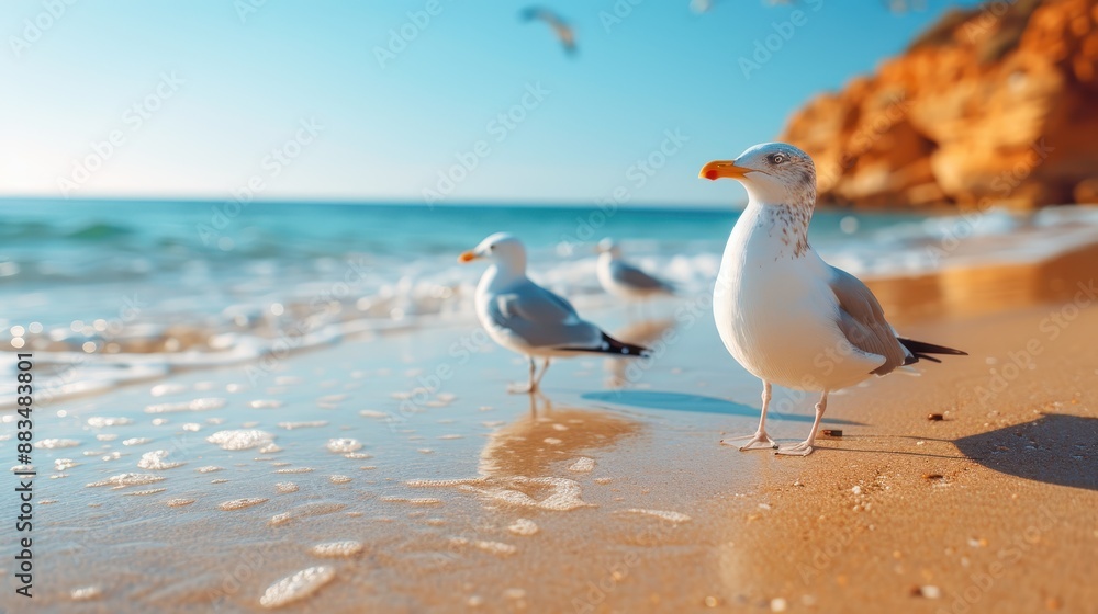 Seagulls standing on the sandy beach near the water with the sea waves approaching, under a clear blue sky on a sunny day, highlighting the beauty of coastal nature. Seagulls standing on the sandy beach near the water with the sea waves approaching, under a clear blue sky on a sunny day, highlighting the beauty of coastal nature.
