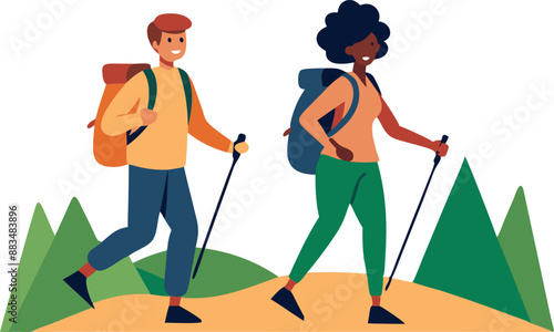 Happy couple hiking together in nature with backpacks and trekking poles on a sunny day