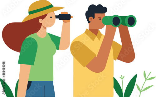 Couple birdwatching using binoculars in nature illustration