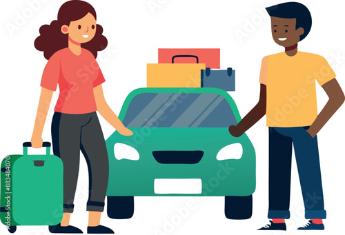 Smiling young couple ready for a road trip with packed luggage and a green car