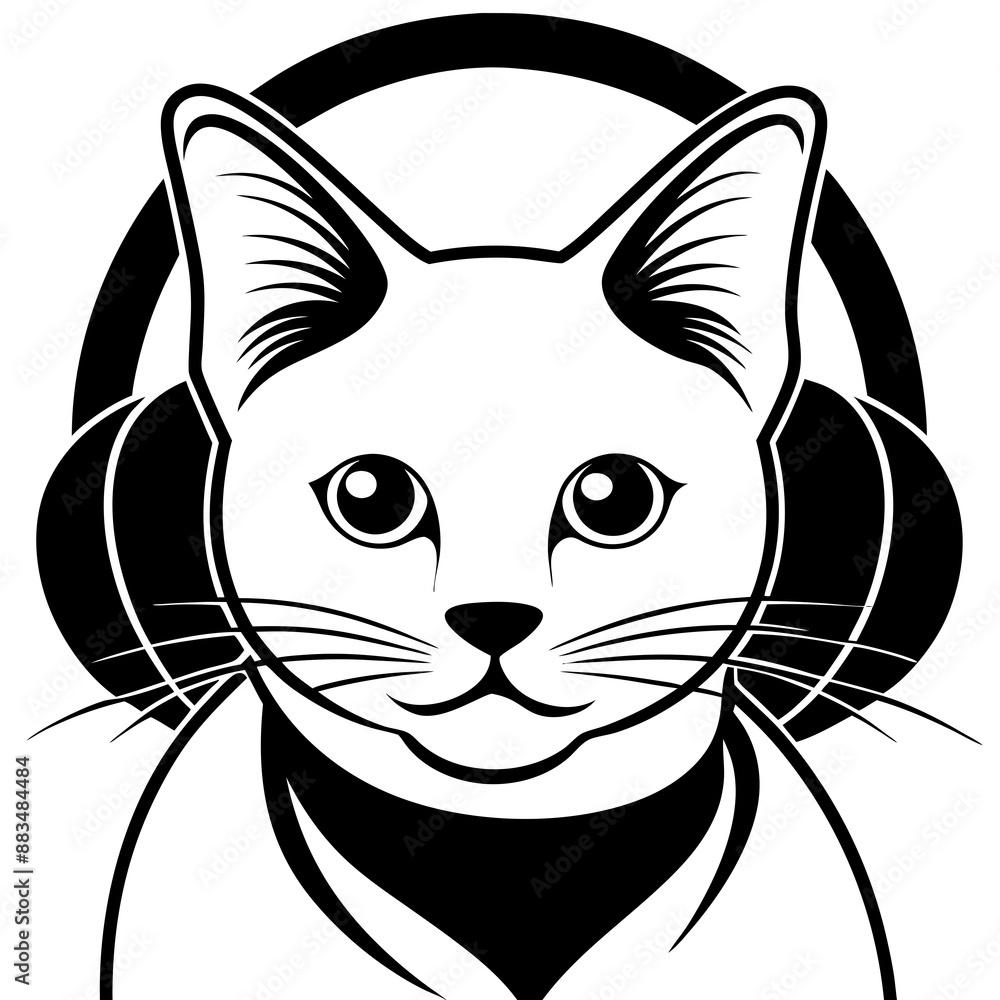 black and white cat head with a headphone on its head vector design black and white cat head with a headphone on its head vector design