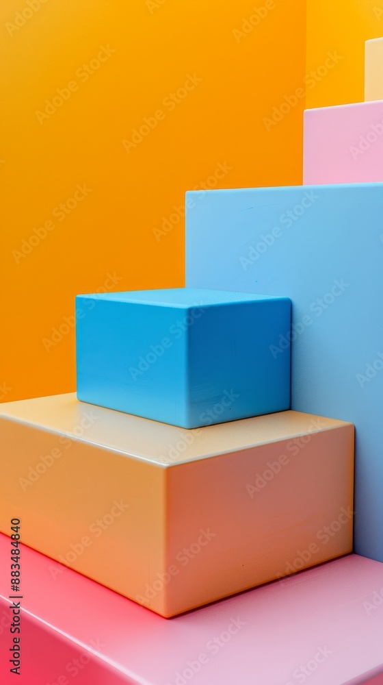 A stack of colorful blocks with a yellow and pink one on top A stack of colorful blocks with a yellow and pink one on top