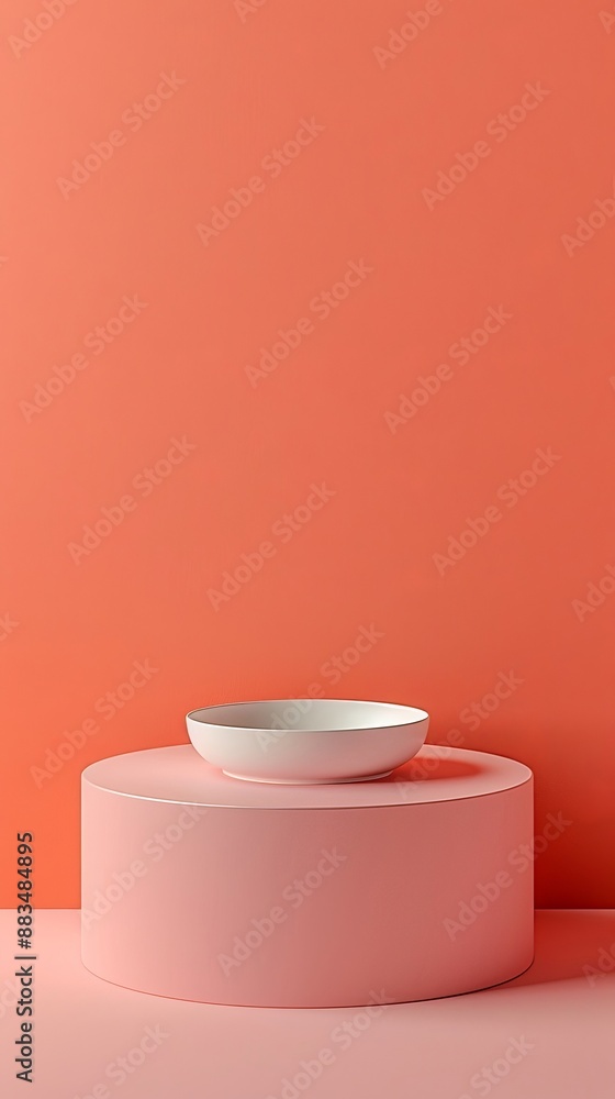A white bowl is placed on a pink pedestal A white bowl is placed on a pink pedestal