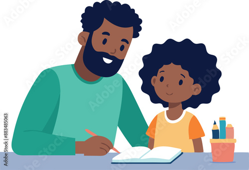 Father and daughter spending quality time together while drawing and writing at home