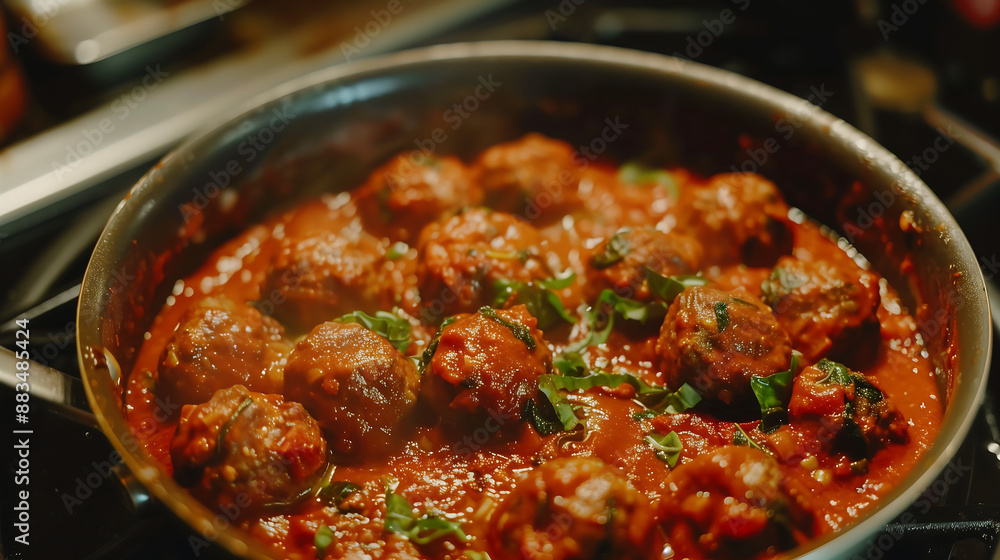 close up of meatballs in tomato sauce, inside pan on stove, food photography, highly detailed, hyper realistic, cinematic, professional colour grading close up of meatballs in tomato sauce, inside pan on stove, food photography, highly detailed, hyper realistic, cinematic, professional colour grading