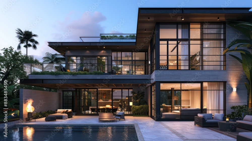 Fototapeta premium luxurious suburban farmhouse with a modern twist, featuring a rooftop terrace and an outdoor swimming pool